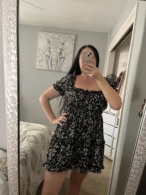 Black White Leaves Leaf Print Tiered Mini Dress L Large M Medium